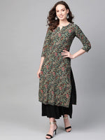 Load image into Gallery viewer, Women Black &amp; Green Printed Straight Kurati
