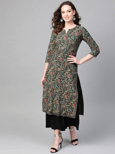 Women Black & Green Printed Straight Kurati