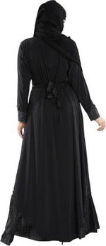 Load image into Gallery viewer, TUCUTE Women&#39;s Ready to Wear-Instant Velvet Embosed Lycra Abaya Burkha with Waist Belt/Scarf Hijab (BLACK-PEARL-381)
