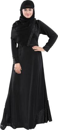 TUCUTE Women's Ready to Wear-Instant Velvet Embosed Lycra Abaya Burkha with Waist Belt/Scarf Hijab (BLACK-PEARL-381)